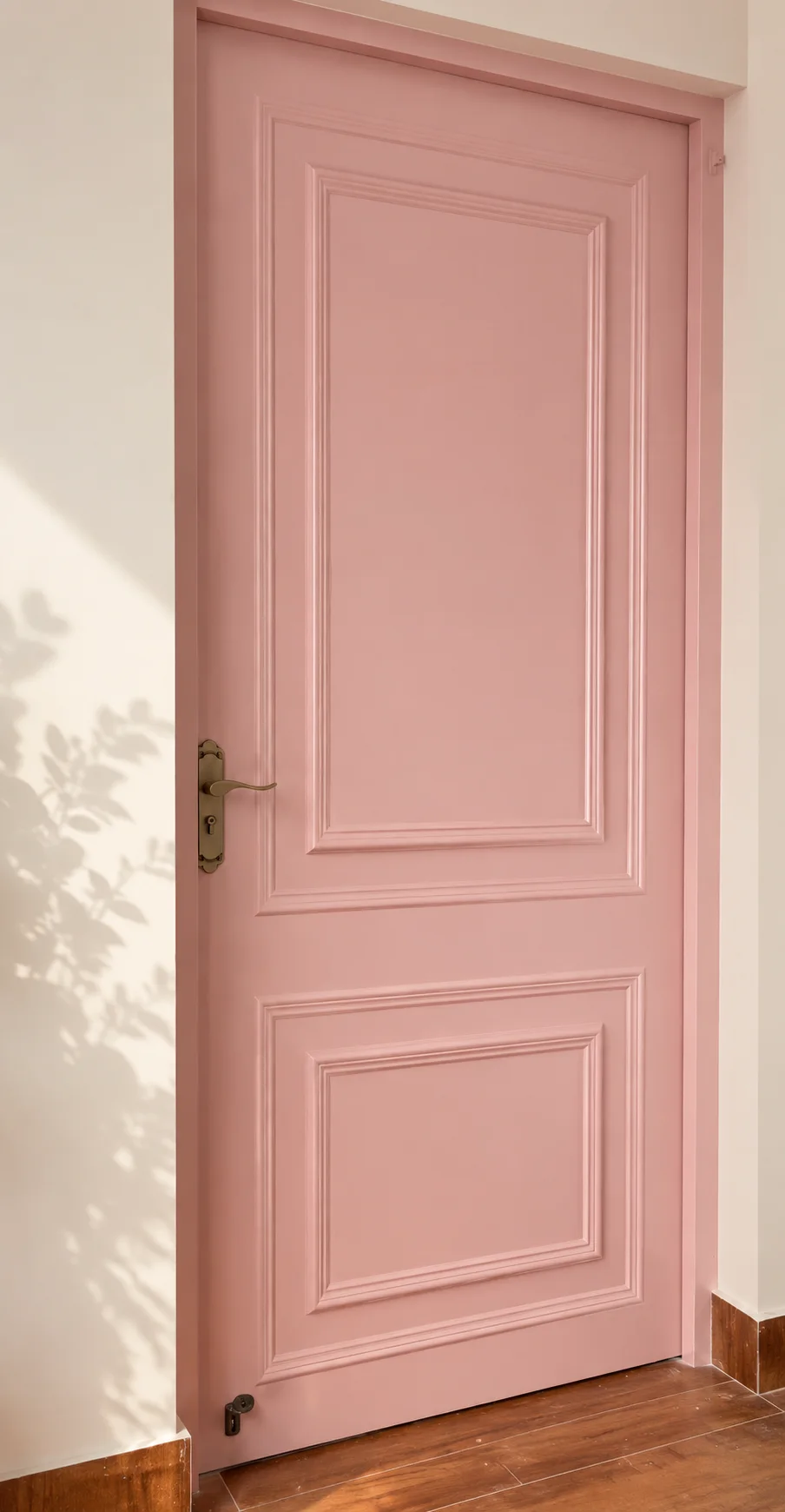 Blush pink moulded door detail with brass handle